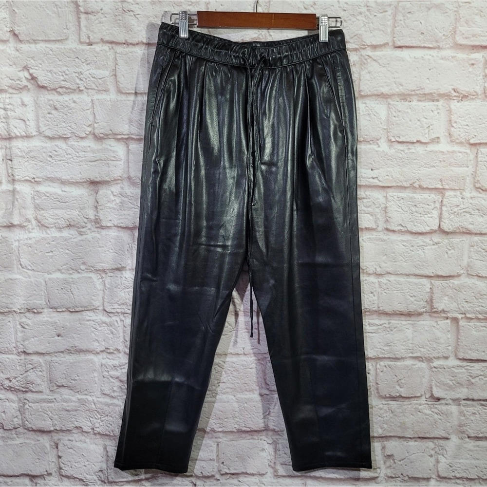 Zara Black Vegan Leather High Rise Straight Leg Drawstring Pants